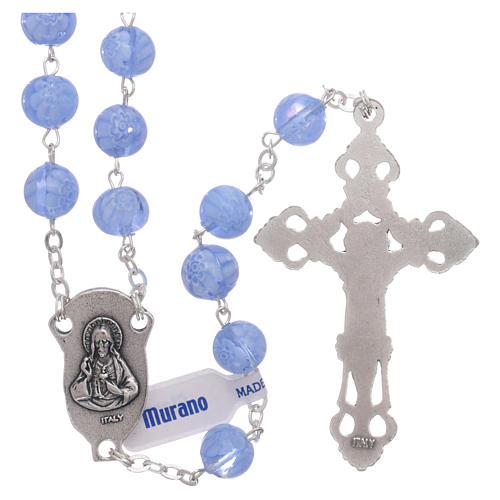 Light blue Murano glass style rosary beads with floral decorations, 8mm 2