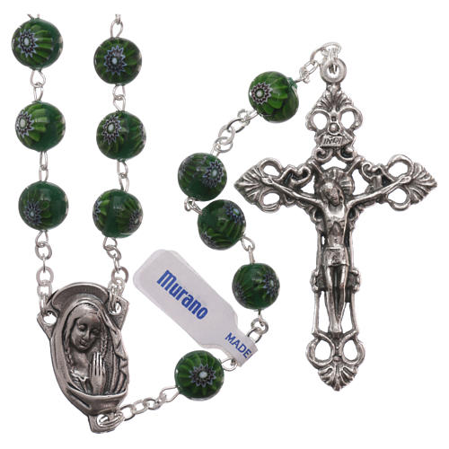Rosary beads in green Murano glass style with floral decorations 8mm 1