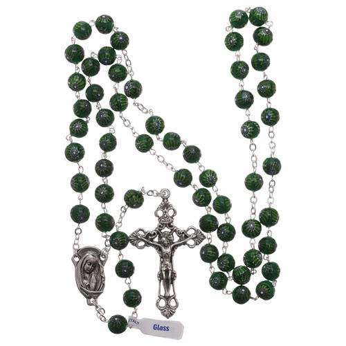 Green Murano glass style rosary beads with floral decorations, 8mm 4