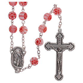 Rosary in glass murrine style with flowers and striping on pink grains 8 mm