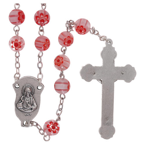 Rosary in glass murrine style with flowers and striping on pink grains 8 mm 2