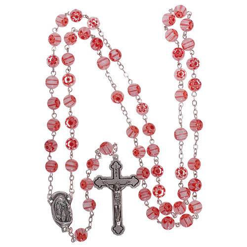 Rosary in glass murrine style with flowers and striping on pink grains 8 mm 4