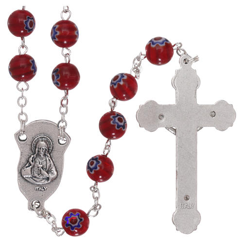 Rosary in glass murrine style with flowers and striping on red grains 8 mm 2