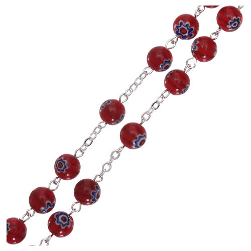 Rosary in glass murrine style with flowers and striping on red grains 8 mm 3