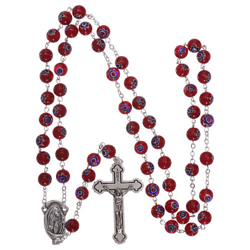 Rosary in glass murrine style with flowers and striping on red grains 8 mm 4