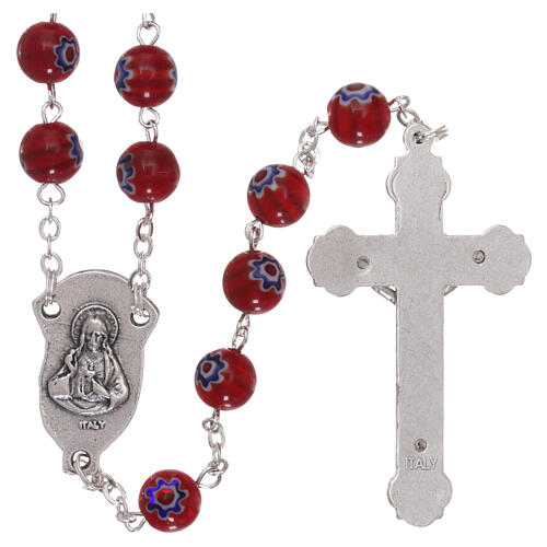 Glass rosary with red beads with floral pattern and stripes in murrina style 8 mm 2