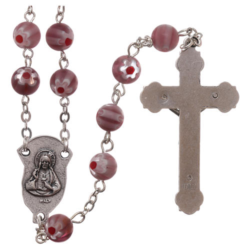 Rosary in glass murrine style with flowers and striping on purple grains 8 mm 2