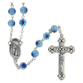 Rosary in glass murrine style with flowers and striping on light blue grains 8 mm