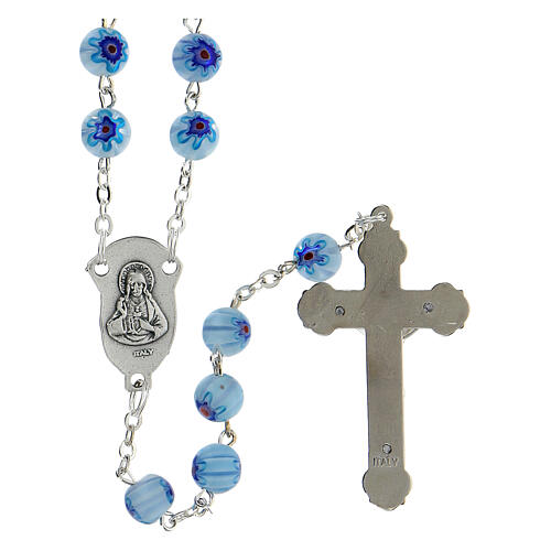 Rosary in glass murrine style with flowers and striping on light blue grains 8 mm 2