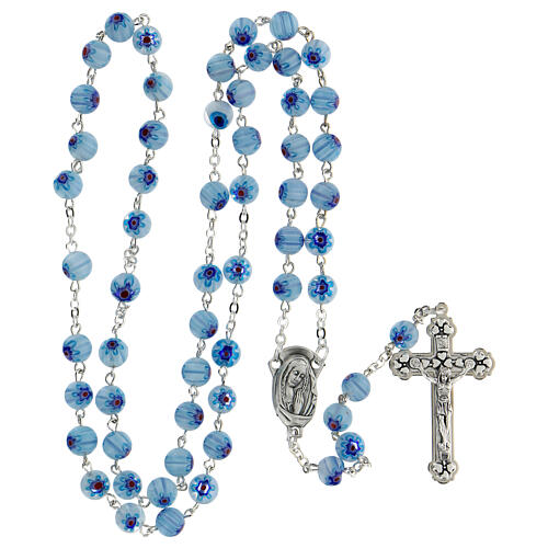 Rosary in glass murrine style with flowers and striping on light blue grains 8 mm 4