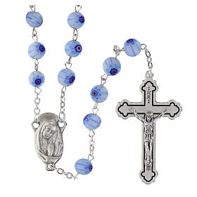Rosario in vetro stile murrina color acqua con motivi floreali 8 mm