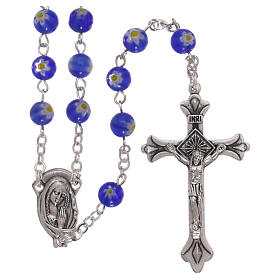 Rosary in glass murrine style with flowers and striping on blue grains 6 mm