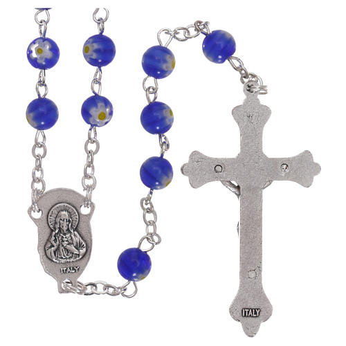 Rosary in glass murrine style with flowers and striping on blue grains 6 mm 2