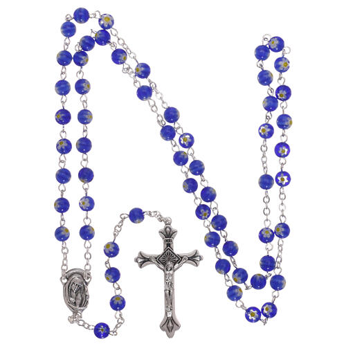 Glass rosary with blue beads with floral pattern in murrina style 6 mm 4