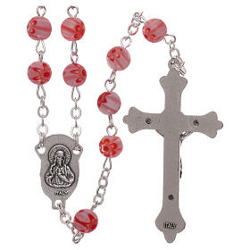 Rosary in glass murrine style with flowers and striping on pink grains 6 mm