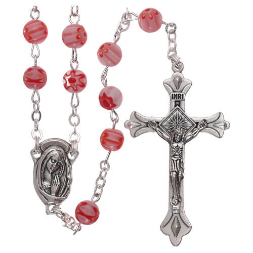 Rosary in glass murrine style with flowers and striping on pink grains 6 mm 1