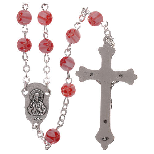 Rosary in glass murrine style with flowers and striping on pink grains 6 mm 2