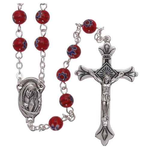 Rosary in glass murrine style with flowers and striping on red grains 6 mm 1