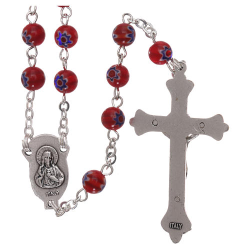 Rosary in glass murrine style with flowers and striping on red grains 6 mm 2