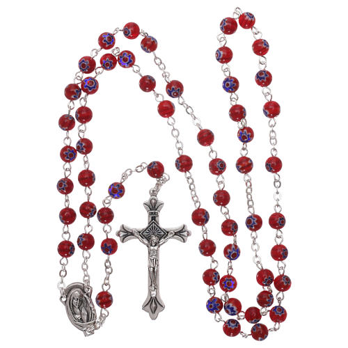Rosary in glass murrine style with flowers and striping on red grains 6 mm 4