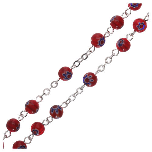 Rosario in vetro stile murrina color rosso con fantasie floreali e striature 6 mm 3