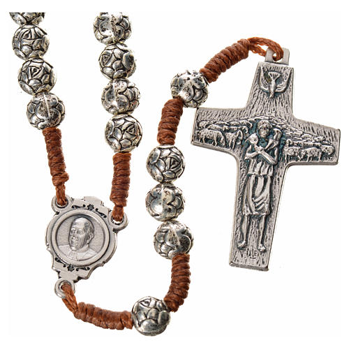 Rosary beads in metal, Pope Francis with roses and cord 1