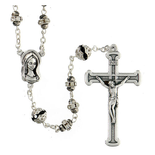Rosary in metal with rhinestones, steel colour 1