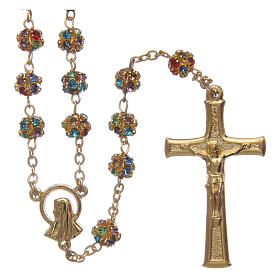 Rosari metallo: Rosario dorato grani strass multicolor  6 mm