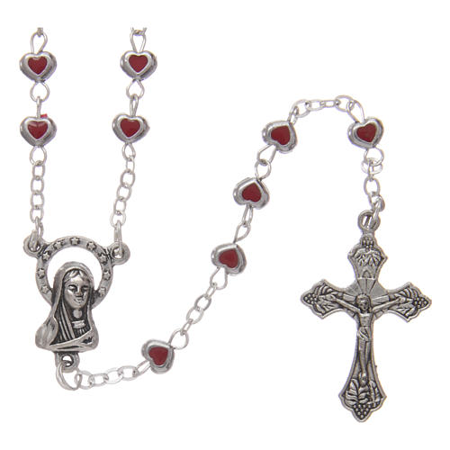 Rosary in metal 2x3 mm grains with heart-shaped case, ruby red 1