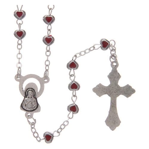 Rosary in metal 2x3 mm grains with heart-shaped case, ruby red 2