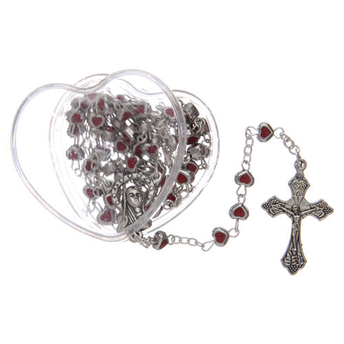 Rosary in metal 2x3 mm grains with heart-shaped case, ruby red 5