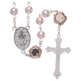 Rosary with 8 mm glass grains in pearl imitation and pink rose shaped Pater