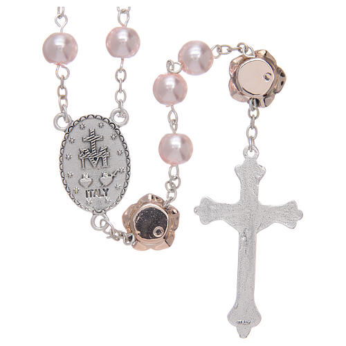 Rosary with 8 mm glass grains in pearl imitation and pink rose shaped Pater 2