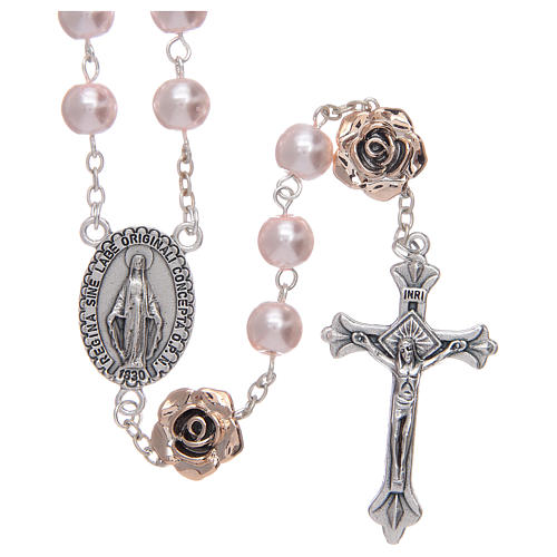 Rosary with 8 mm glass grains in pearl imitation and pink rose shaped Pater 1
