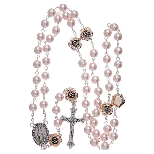 Rosary with 8 mm glass grains in pearl imitation and pink rose shaped Pater 4