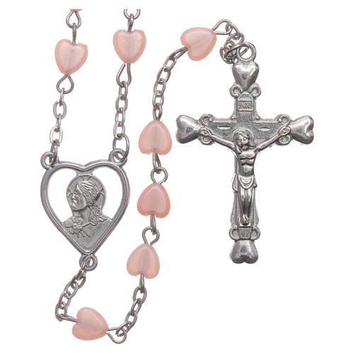 STOCK rosary with heart shape in pink plastic and setting in metal 1