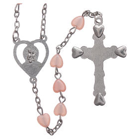 STOCK rosary with heart shape in pink plastic and setting in metal