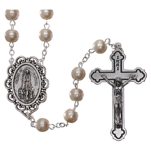 Rosary with Fatima soil 4x5 mm grains, white pearl effect 1
