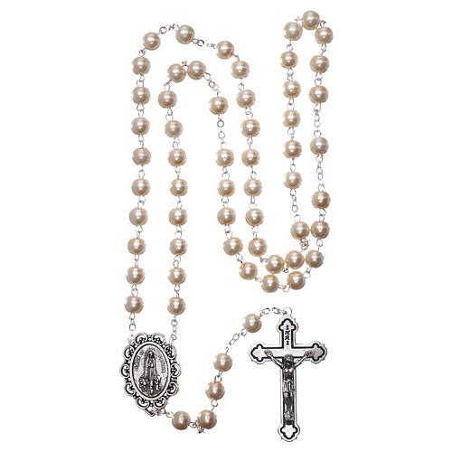 Rosary with Fatima soil 4x5 mm grains, white pearl effect 4