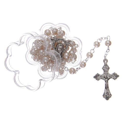 Rosary 1x2 mm grains, pearl effect with flower-shaped box 5