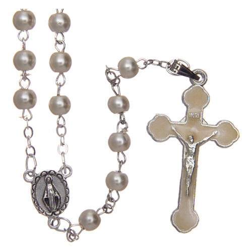 Round white semi-pearl rosary 5 mm with enameled cross 1