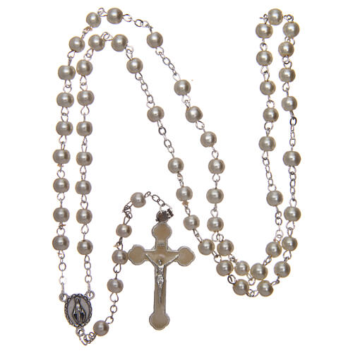 Imitation pearl rosary round white beads 5 mm enamelled cross 4