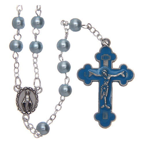 Round light blue semi-pearl rosary 5 mm with enameled cross 1