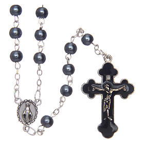 Round hematite-coloured semi-pearl rosary 5 mm with enameled cross