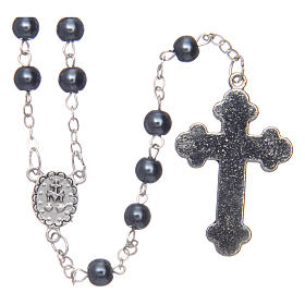 Round hematite-coloured semi-pearl rosary 5 mm with enameled cross