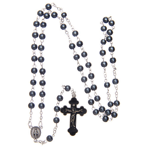 Round hematite-coloured semi-pearl rosary 5 mm with enameled cross 4