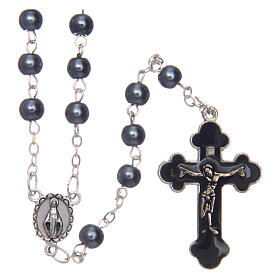 Imitation pearl rosary round hematite color beads 5 mm enamelled cross
