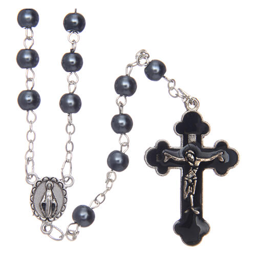 Imitation pearl rosary round hematite color beads 5 mm enamelled cross 1