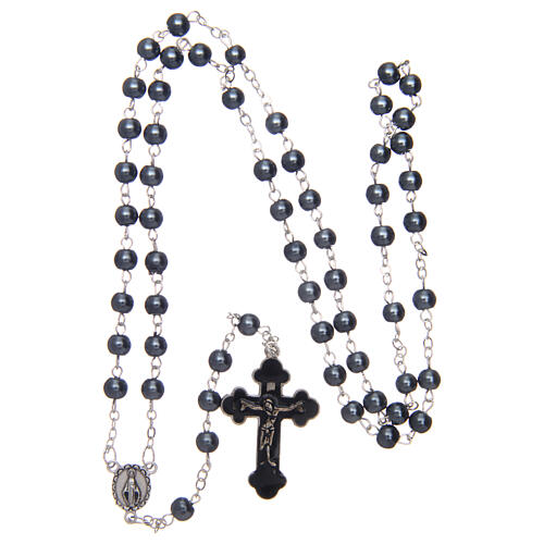Imitation pearl rosary round hematite color beads 5 mm enamelled cross 4