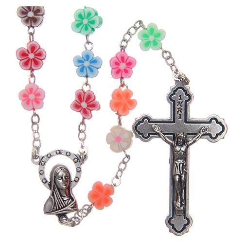 Rosary in plastic with 9mm flower-shaped multicoloured beads. 1